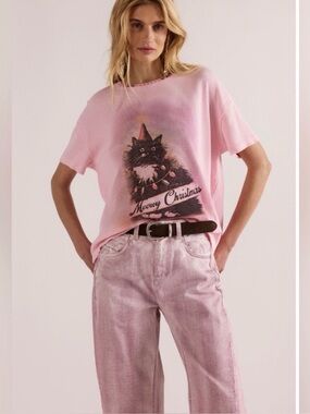 Free People Pink 'Merry Christmas' Cat Graphic Tee